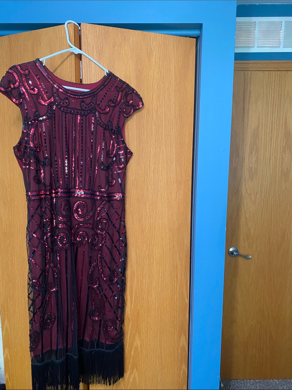 Embellished Burgundy Midi Dress with Fringe Detailing